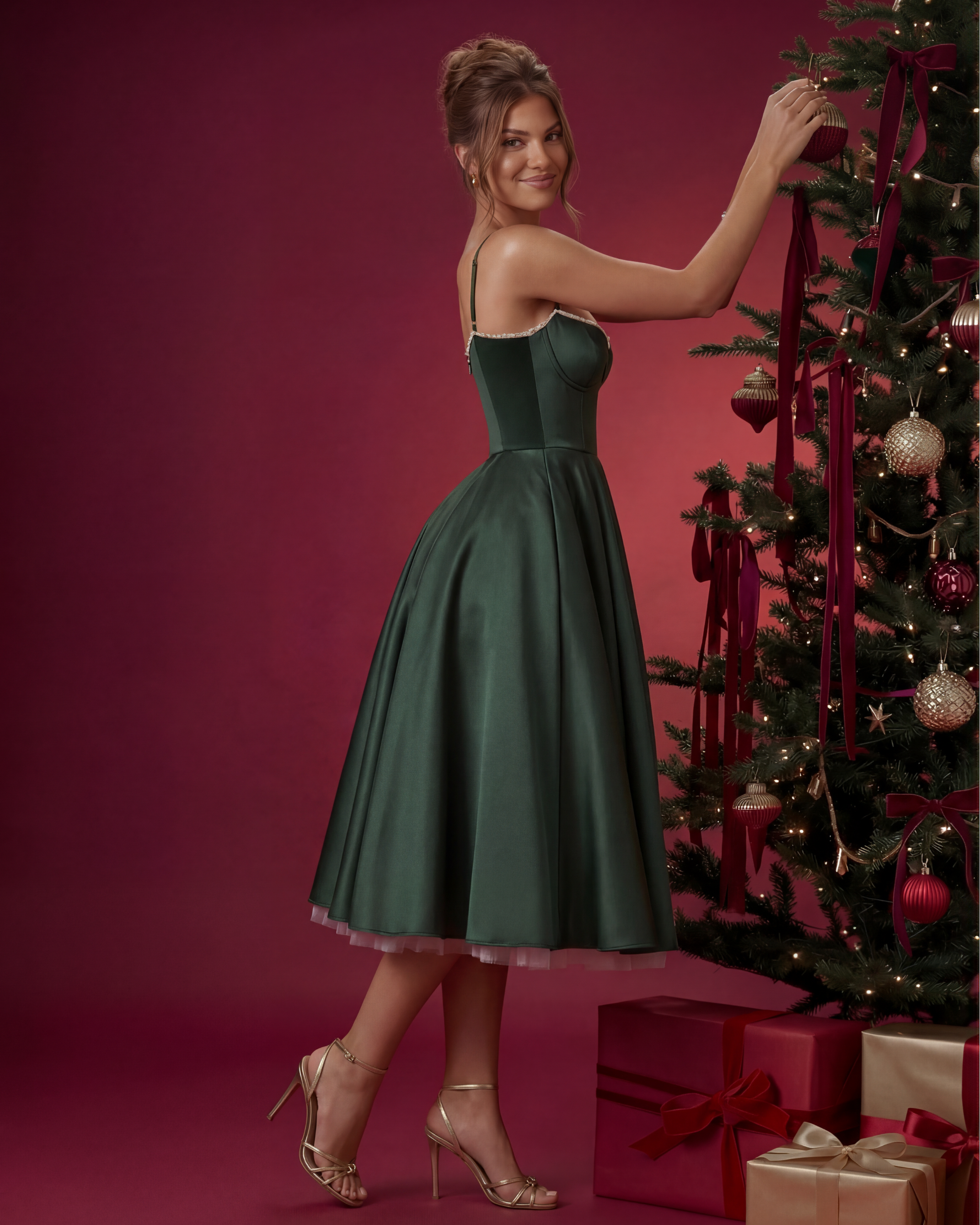 Selene | Elegancka Zielona Sukienka Midi z Gorsetową Górą