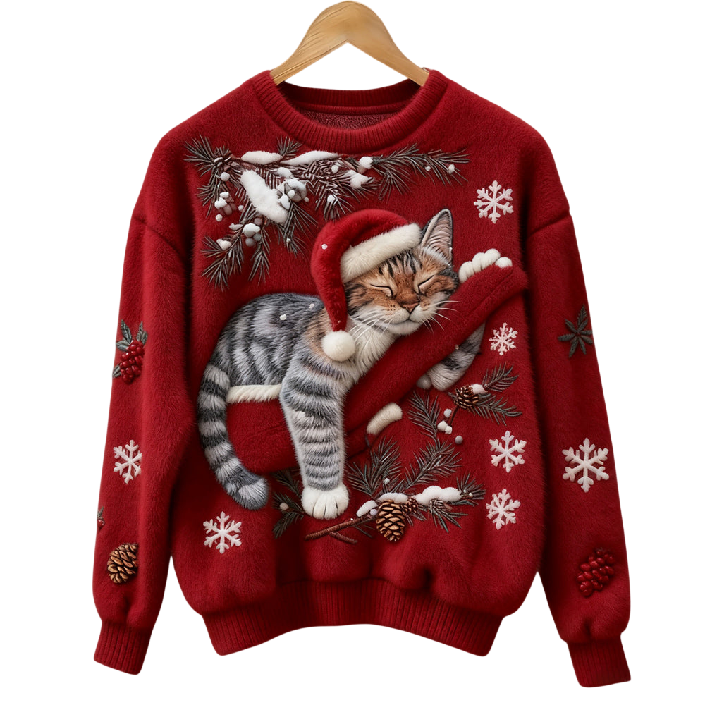 KociZimowy™ | Miękki Świąteczny Sweter Damski z Kotem Ciepły i Przytulny