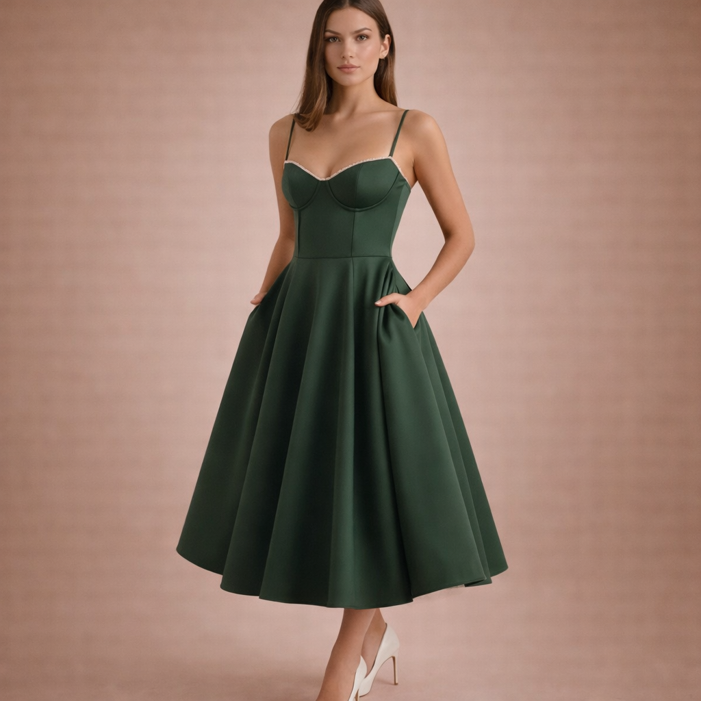 Selene | Elegancka Zielona Sukienka Midi z Gorsetową Górą