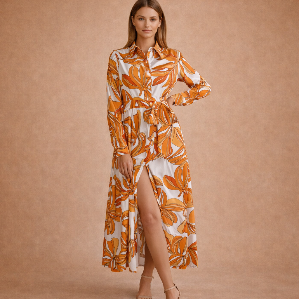 Marlis | Wzorzysta koszulowa sukienka z długim rękawem