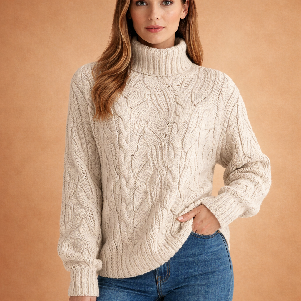 Lunara | Damski sweter z golfem, luźny, ażurowy, wełniany