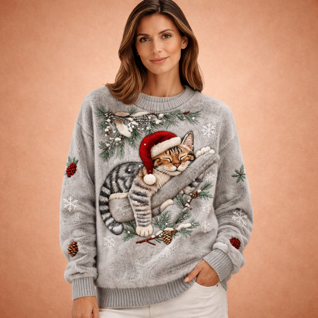 KociZimowy™ | Miękki Świąteczny Sweter Damski z Kotem Ciepły i Przytulny