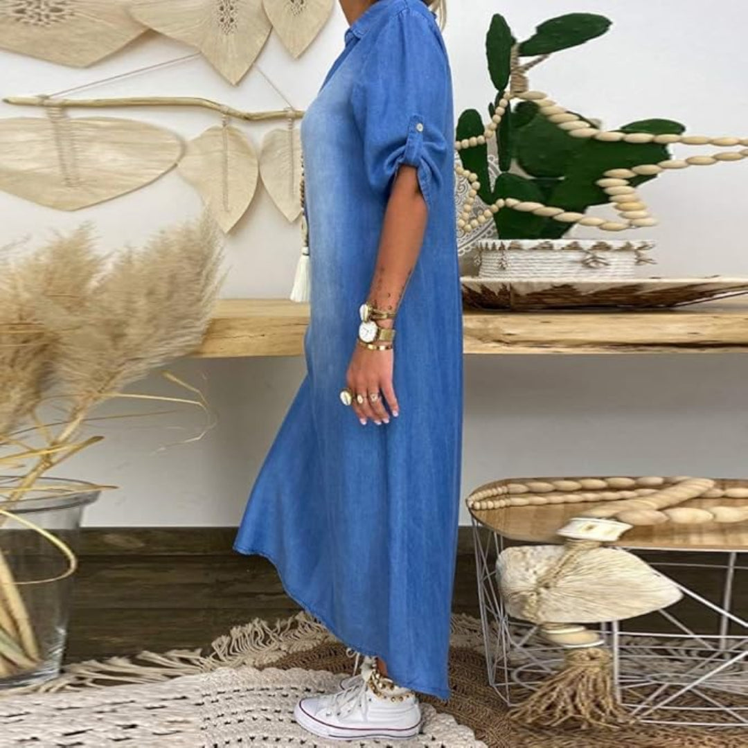 Lora™ | Letnia sukienka z połowy denimu z dekoltem V