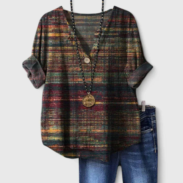 Kristina | Wzorzysta Bluzka z Dekoltami w Serek + Darmowy Naszyjnik