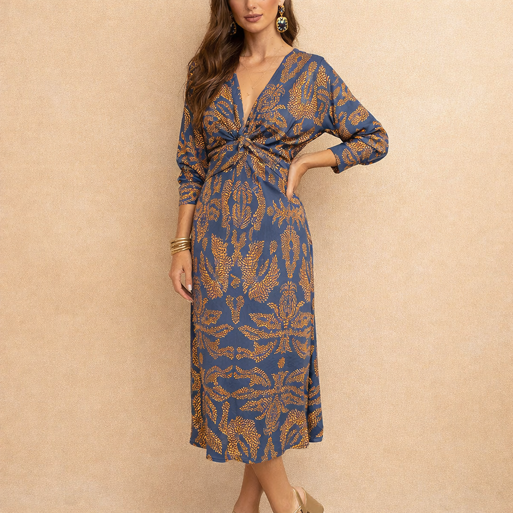 Isadora | Elegancka sukienka midi z ponadczasowym nadrukiem