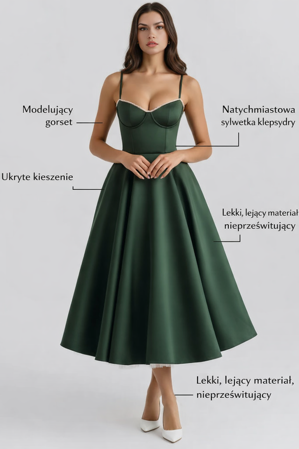 Selene | Elegancka Zielona Sukienka Midi z Gorsetową Górą