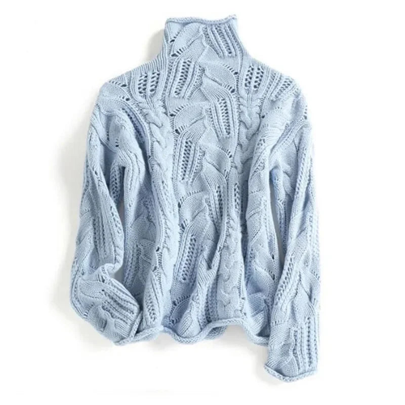 Lunara | Damski sweter z golfem, luźny, ażurowy, wełniany