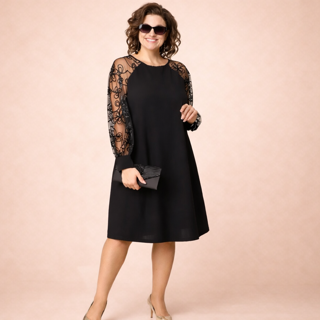 Elegancka czarna sukienka z koronkowymi rękawami