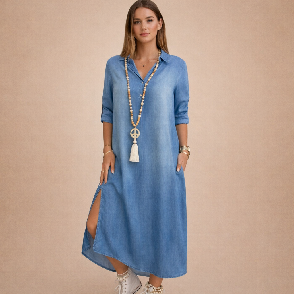 Lora™ | Letnia sukienka z połowy denimu z dekoltem V