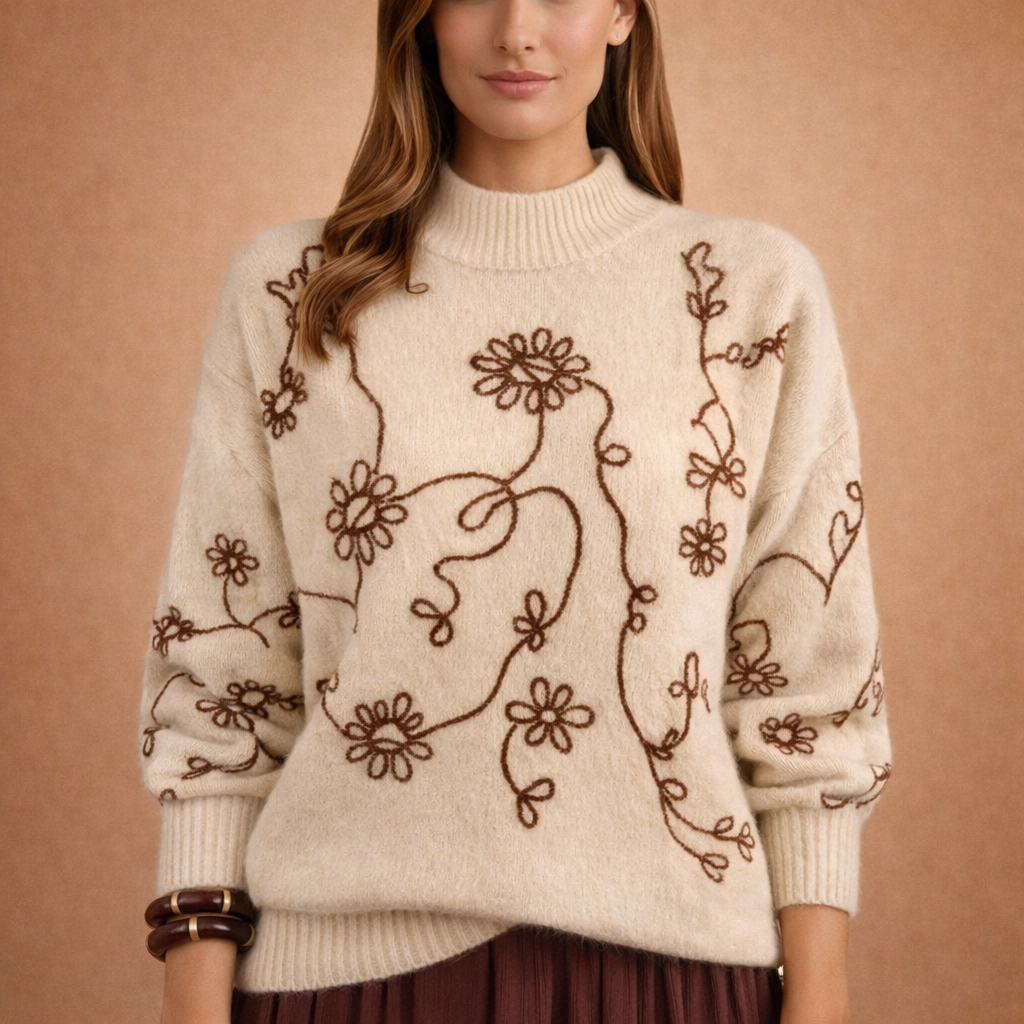 Sabine | miękki sweter z haftem kwiatowym, beżowo-czekoladowy