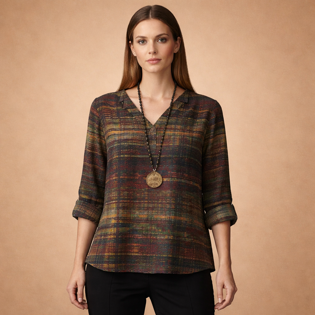 Kristina | Wzorzysta Bluzka z Dekoltami w Serek + Darmowy Naszyjnik