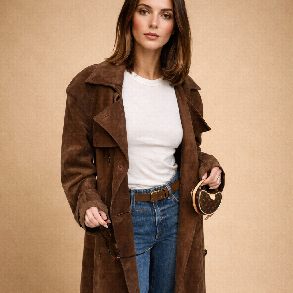 Suzanne | Klasyczny płaszcz typu trencz z zamszu