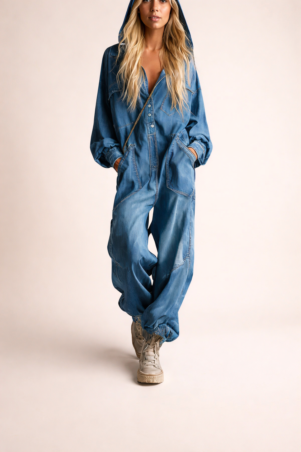 Selina | Długi kombinezon z długim rękawem i kapturem w stylu casual